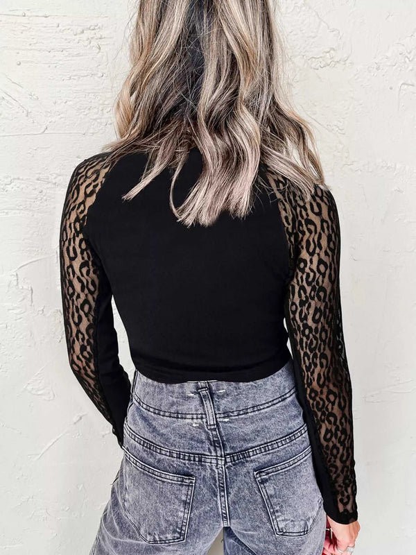 Leopard Mesh Patchwork Knit Long Sleeve Top 100100593433336 22 Affordable Fashion Under $100 Jerry's Apparel 