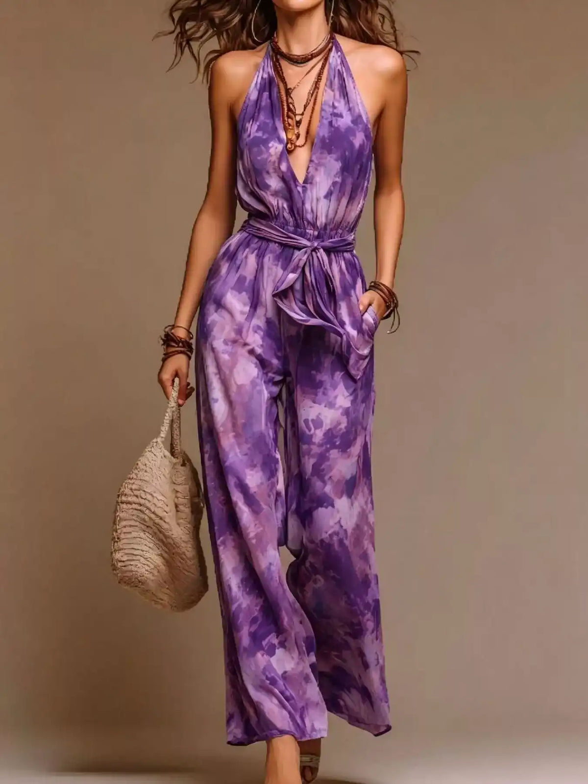 Full Size Boho Tie-Dye Halter Neck Wide-Leg Jumpsuit with Waist Tie Plus Size 101001871091182 63 Affordable Fashion Under $100 Jerry's Apparel 