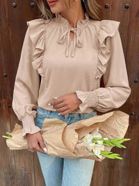 Ruffled Tie Neck Long Sleeve Blouse 100100259171862 36 Jerry's Apparel 