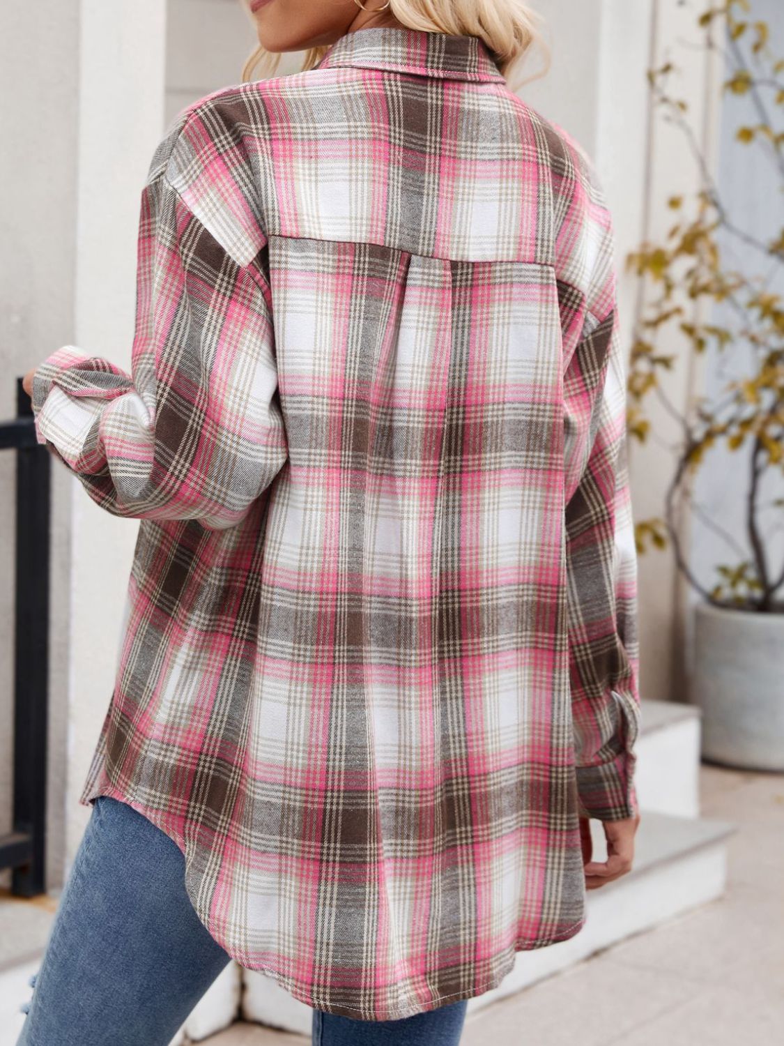 Plaid Collared Neck Long Sleeve Shirt