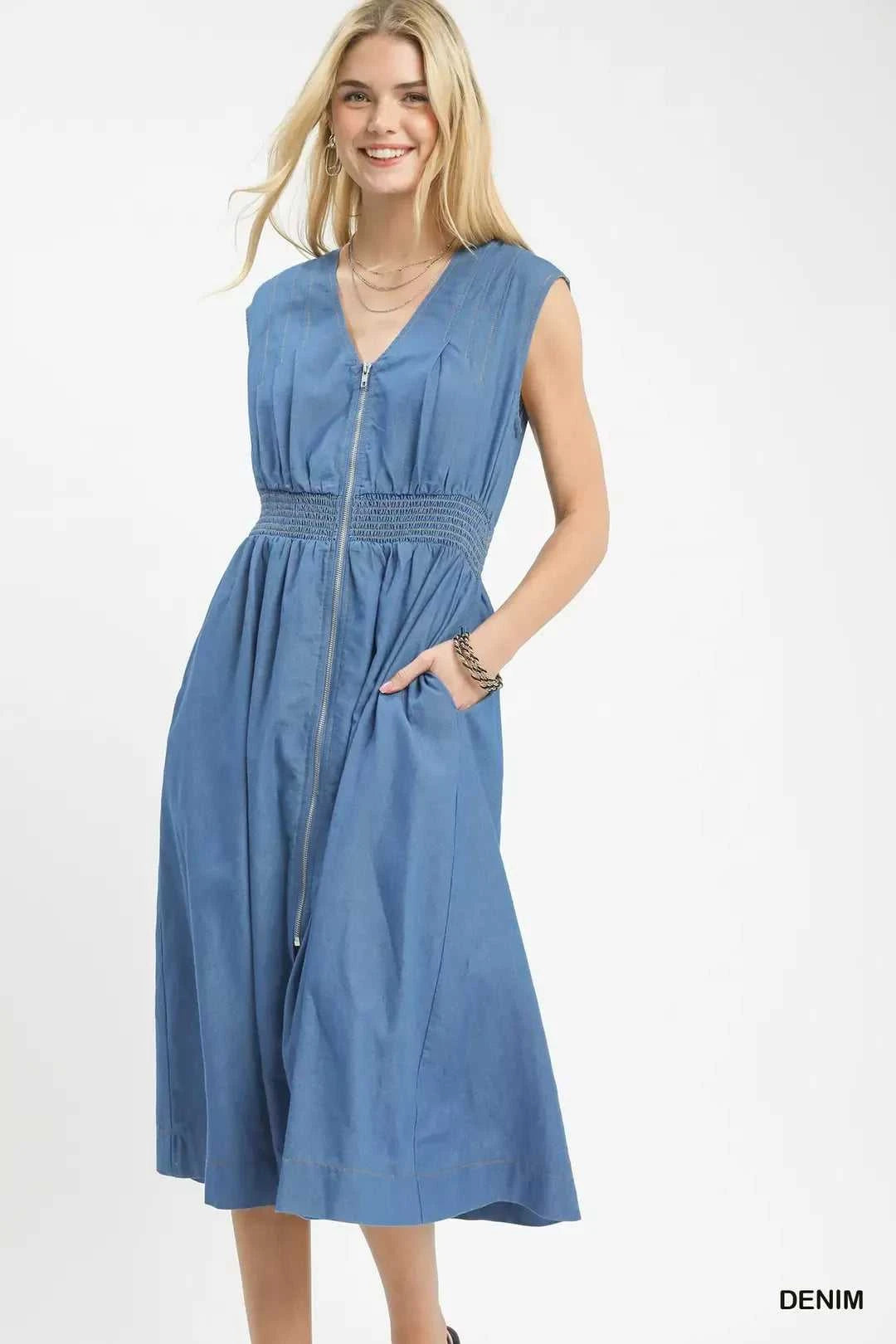 Umgee Denim Sleeveless Zip-Front Smocked Waist Midi Dress 100100842431197 62 Affordable Fashion Under $100 Jerry's Apparel 