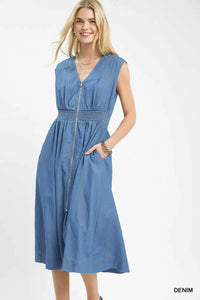 Umgee Denim Sleeveless Zip-Front Smocked Waist Midi Dress 100100842431197 62 Affordable Fashion Under $100 Jerry's Apparel 
