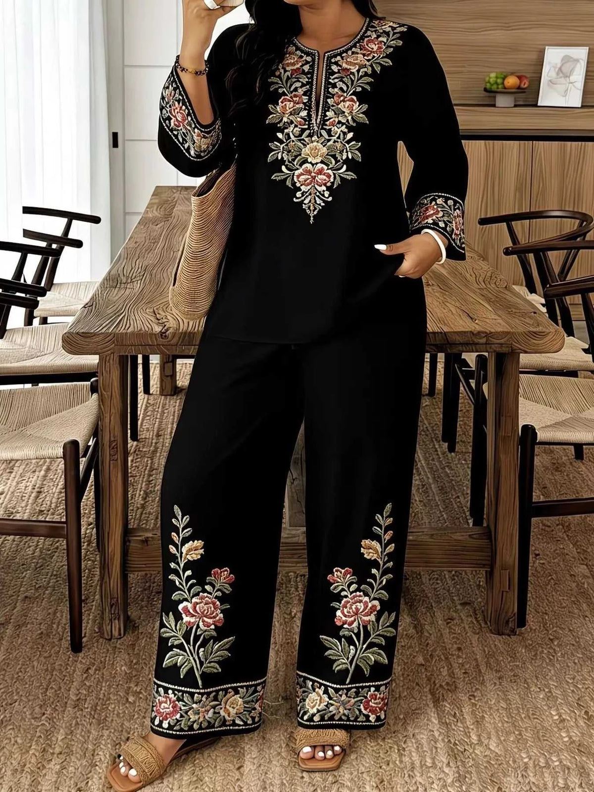 Full Size Embroidered Long Sleeve Top and Pants Set Plus Size 100100791537972 45 Affordable Fashion Under $100 Jerry's Apparel 