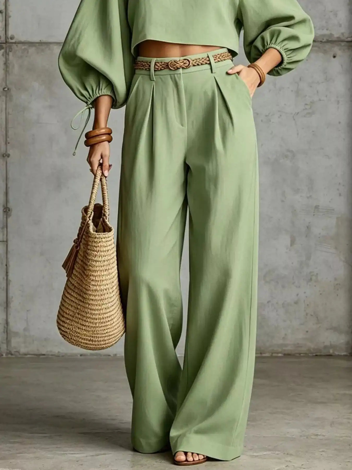 Balloon Sleeve Crop Top and Wide-Leg Pants Set 101001530012684 71 Affordable Fashion Under $100 Jerry's Apparel 