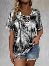 Tie Dye Lace-Up V-Neck Casual T-Shirt
