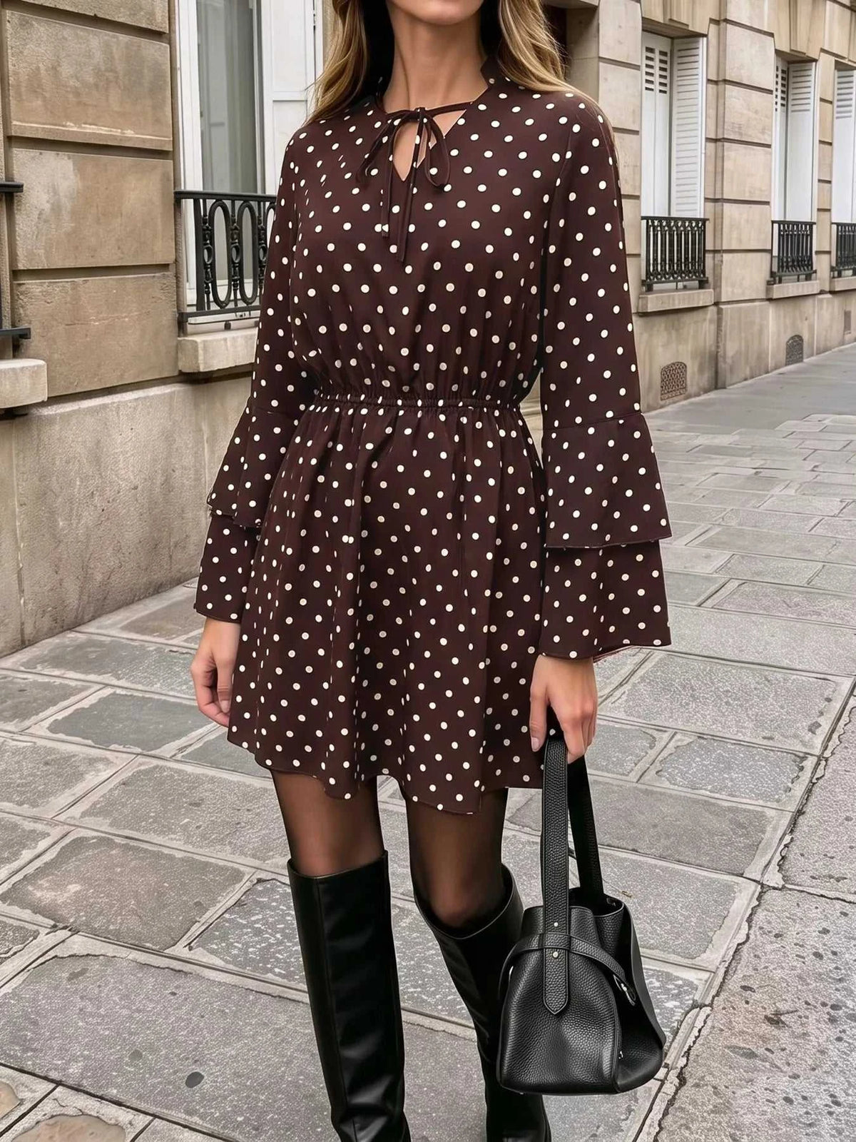 Polka Dot Flare Sleeve Tie Neck Dress 100100463359157 40 Jerry's Apparel 