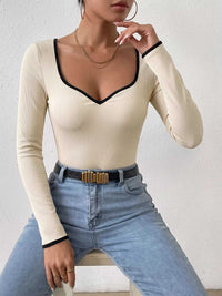 Ribbed Sweetheart Neckline Contrast Trim Long Sleeve Bodysuit 100100113781408 27 Affordable Fashion Under $100 Jerry's Apparel 