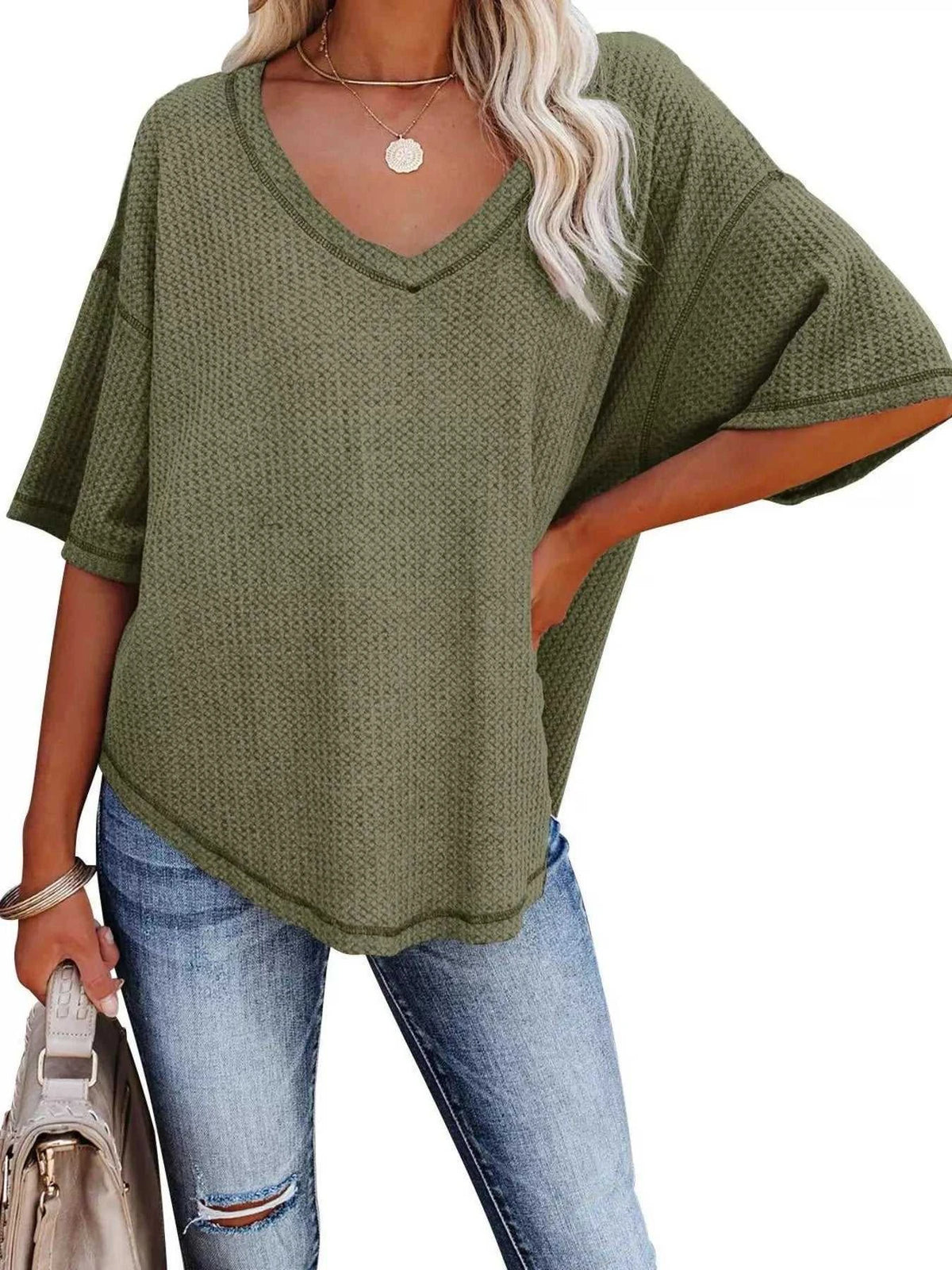 Waffle Knit V-Neck Short Sleeve T-Shirt 100100993990875 26 Affordable Fashion Under $100 Jerry's Apparel 