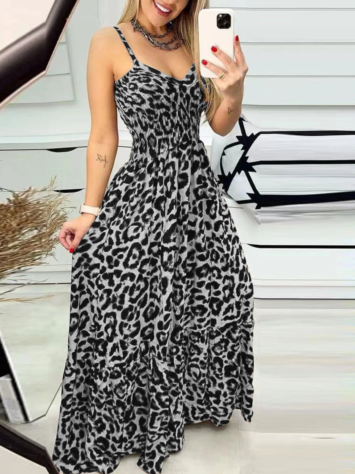 Full Size Leopard Print Spaghetti Strap Maxi Dress Plus Size