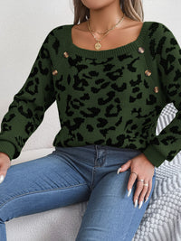 Leopard Buttoned Square Neck Sweater