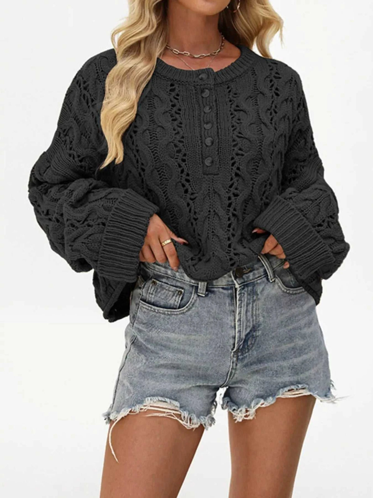 Chic Cable Knit Half-Button Openwork Sweater 100100449594474 54 Affordable Fashion Under $100 Jerry's Apparel 