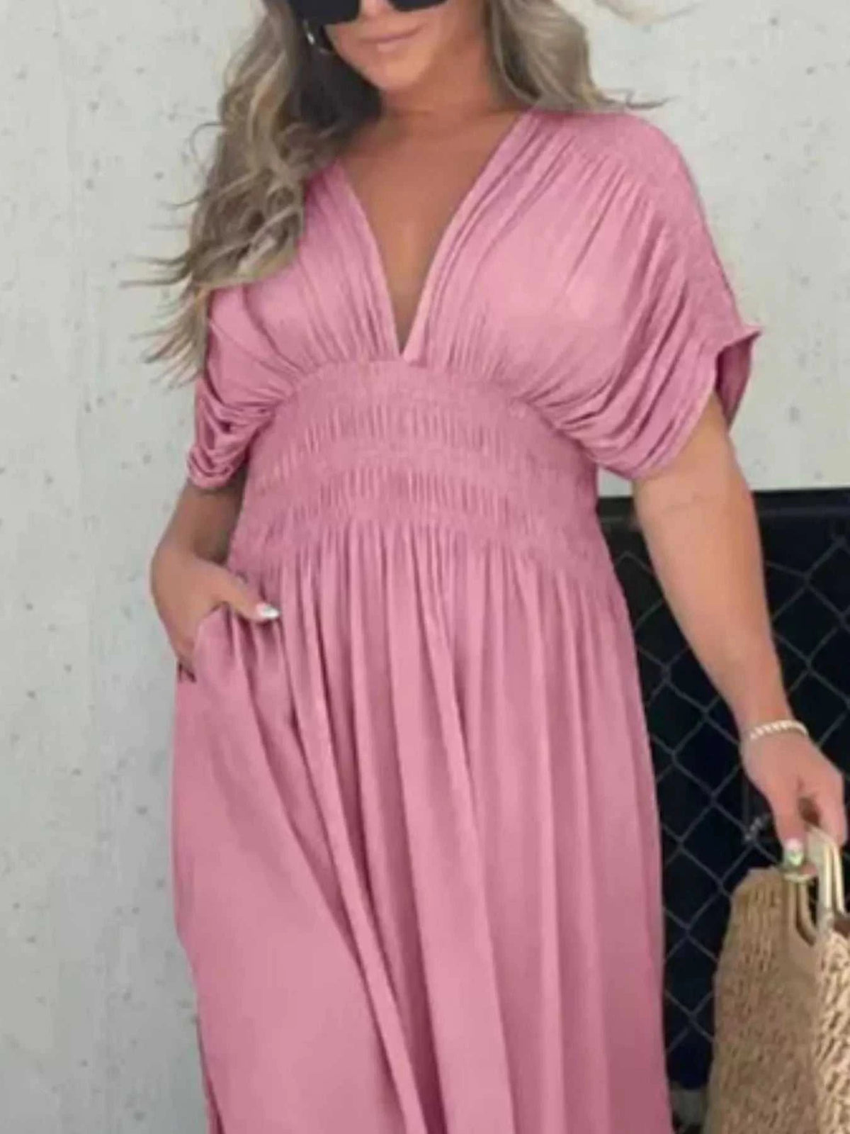 Full Size Slit V-Neck Smocked Waist Maxi Dress Plus Size 100100000480005 59 Gifts for Her Jerry's Apparel 