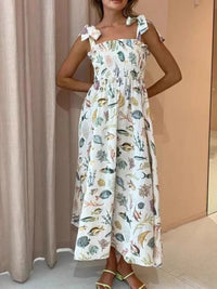 Floral Tie Shoulder Smocked Bodice Summer Dress