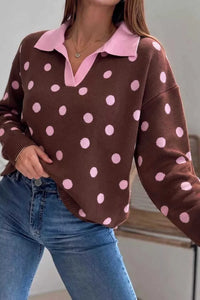 Polka Dot Pattern Color Block Collared Loose Pullover Sweater 101002251484557 51 Affordable Fashion Under $100 Jerry's Apparel 