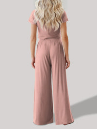 Round Neck Short Sleeve Top and Pants Set