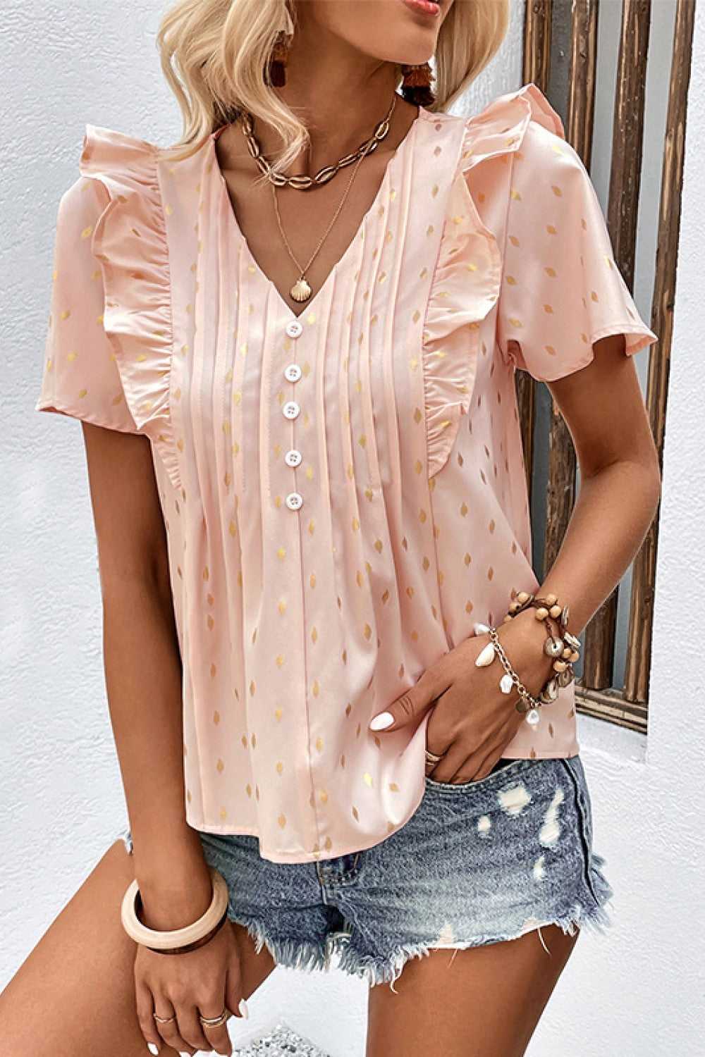 Perfee Printed Ruffle Trim Pleated Detail Blouse 100100655220826 30 Affordable Fashion Under $100 Jerry's Apparel 