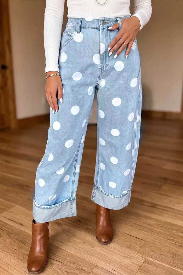 Polka Dot Ankle-Length Metal Button Casual Jeans 100100548493906 73 Affordable Fashion Under $100 Jerry's Apparel 