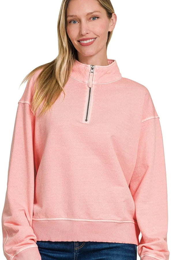 Zenana F/terry Pigment Dye & Enzyme Washing Half Zip Top