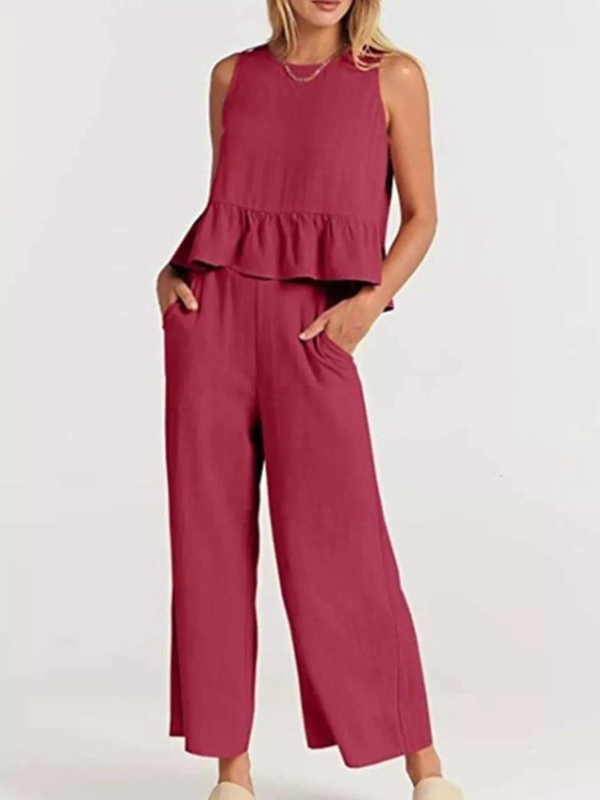 Full Size Ruffled Hem Sleeveless Top and Wide-Leg Pants Set Plus Size 100100048319818 31 Affordable Fashion Under $100 Jerry's Apparel 