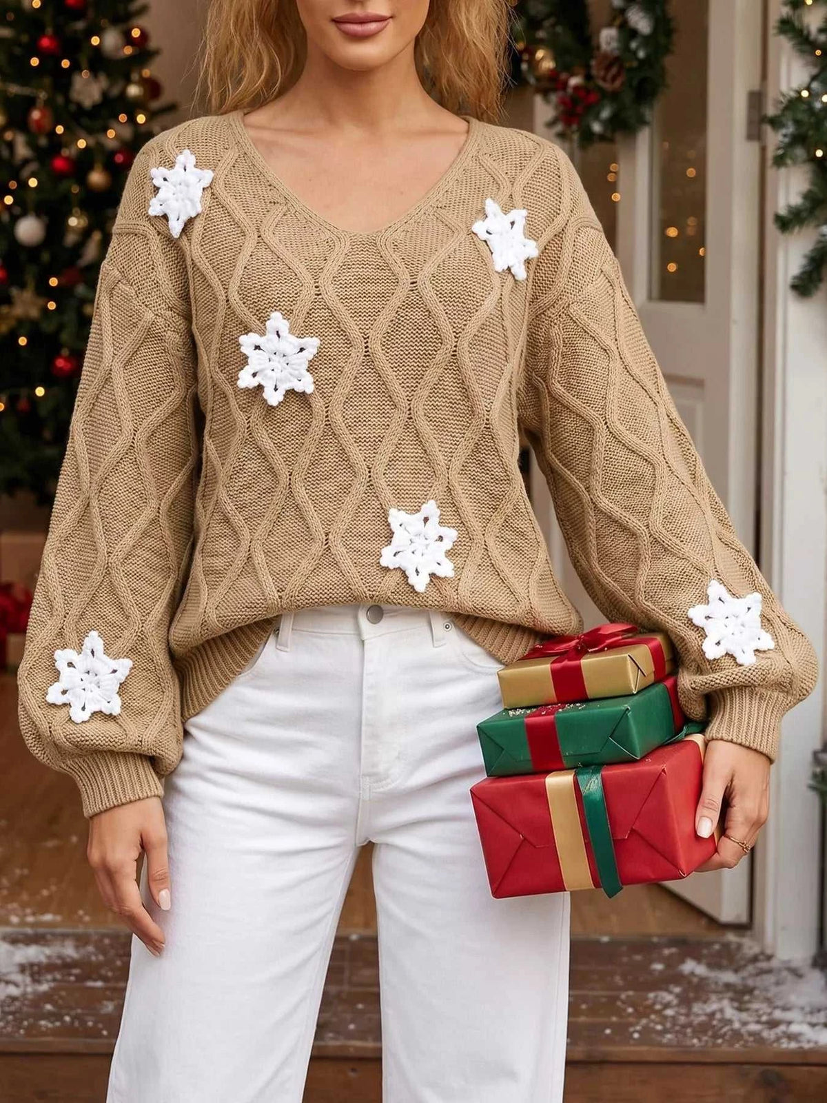Snowflake Textured V-Neck Sweater 101002212171336 40 Affordable Fashion Under $100 Jerry's Apparel 