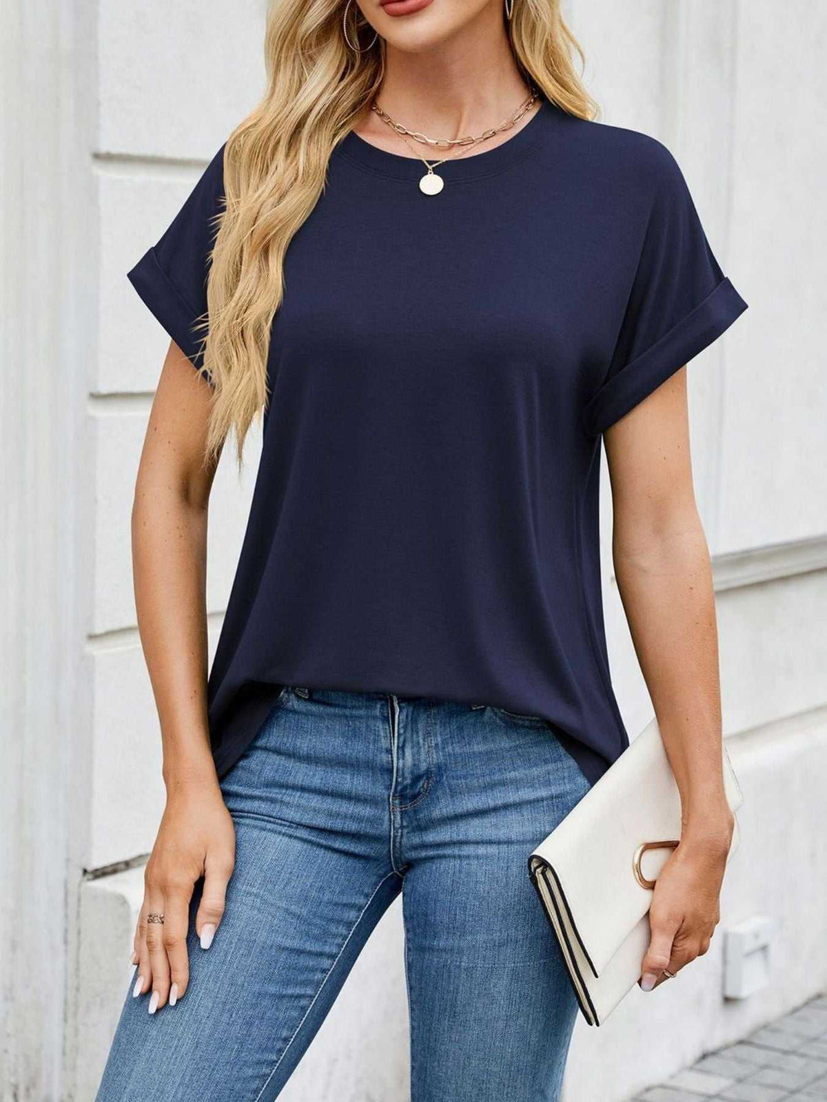 Casual Rolled Sleeve Solid Color T-Shirt 100100517201662 22 Affordable Fashion Under $100 Jerry's Apparel 