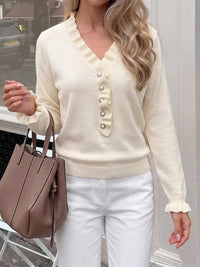 Ruffle Trim Pearl Button V-Neck Knit Top 100100535859062 43 Affordable Fashion Under $100 Jerry's Apparel 