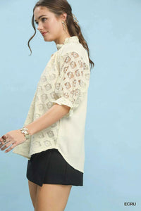 Umgee Linen V-Neck Lace Puff Sleeve Top 100100310791529 66 Affordable Fashion Under $100 Jerry's Apparel 