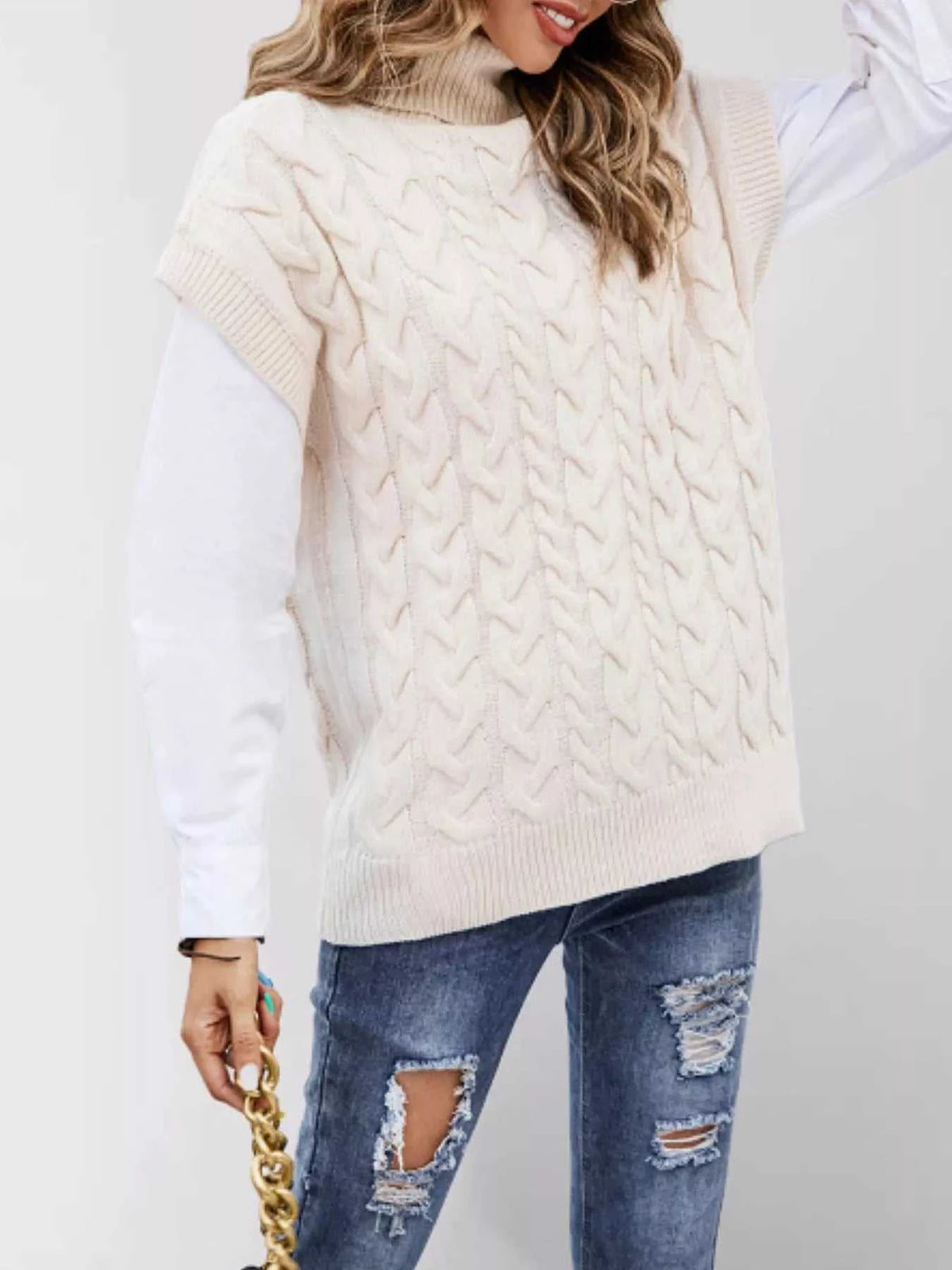Chunky Knit Turtleneck Cap Sleeve Sweater 100100761483880 45 Jerry's Apparel 