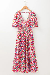 Floral Half Sleeve Deep V Neck Cutout Back Maxi Dress