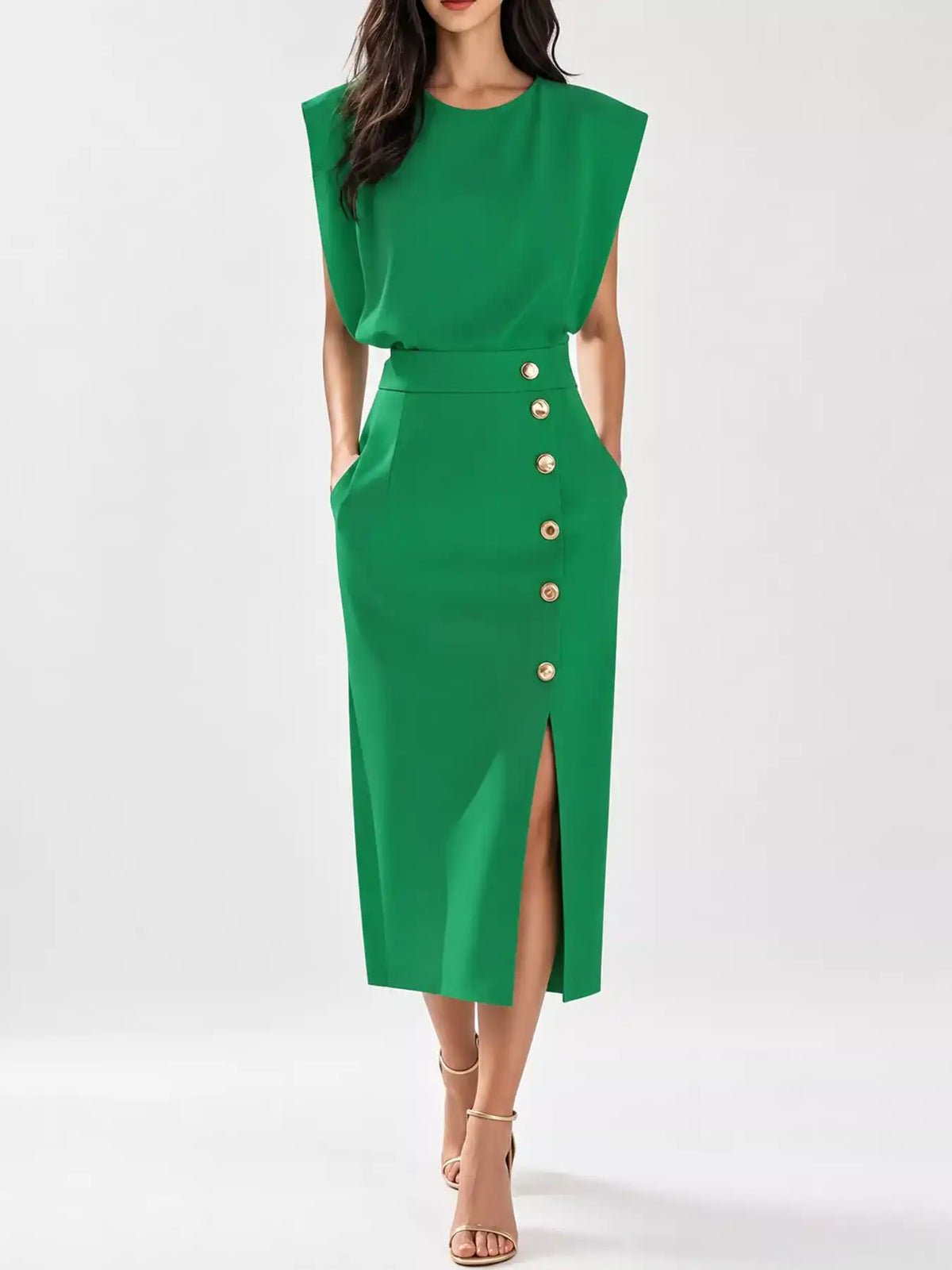 Sleeveless Midi Dress with Gold Button Detail and Side Slit 101001590890082 42 Affordable Fashion Under $100 Jerry's Apparel 