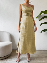 Honey Asymmetric Neck Sleeveless Midi Dress