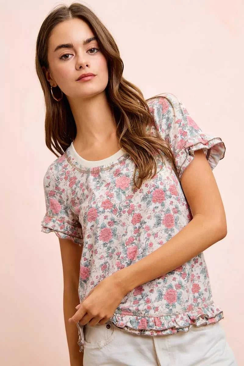 BiBi Rose Printed Slub Knit Ruffled Sleeves Top 100100307291292 38 Affordable Fashion Under $100 Jerry's Apparel 