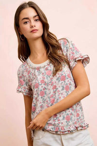BiBi Rose Printed Slub Knit Ruffled Sleeves Top 100100307291292 38 Affordable Fashion Under $100 Jerry's Apparel 