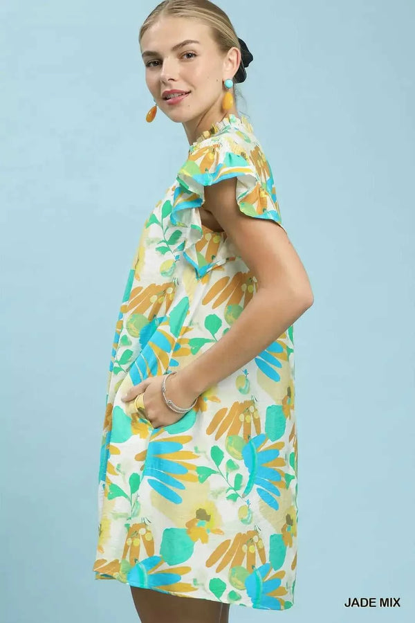 Umgee Ruffled Botanical Print Mini Dress 100100325941919 62 Gifts for Her Jerry's Apparel 