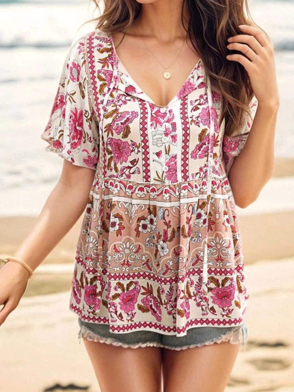 Floral Print Tie Neck Flutter Sleeve Blouse 100100839291021 32 Affordable Fashion Under $100 Jerry's Apparel 