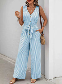 Striped Button-Front Tie Waist Wide Leg Jumpsuit 100100833661971 44 Affordable Fashion Under $100 Jerry's Apparel 