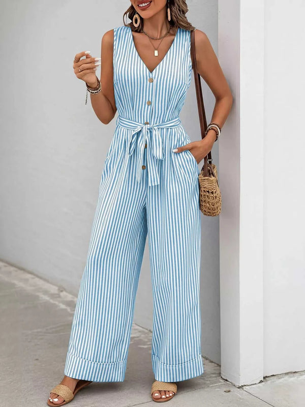 Striped Button-Front Tie Waist Wide Leg Jumpsuit 100100833661971 44 Affordable Fashion Under $100 Jerry's Apparel 
