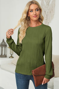 Textured Round Neck Long Sleeve Blouse