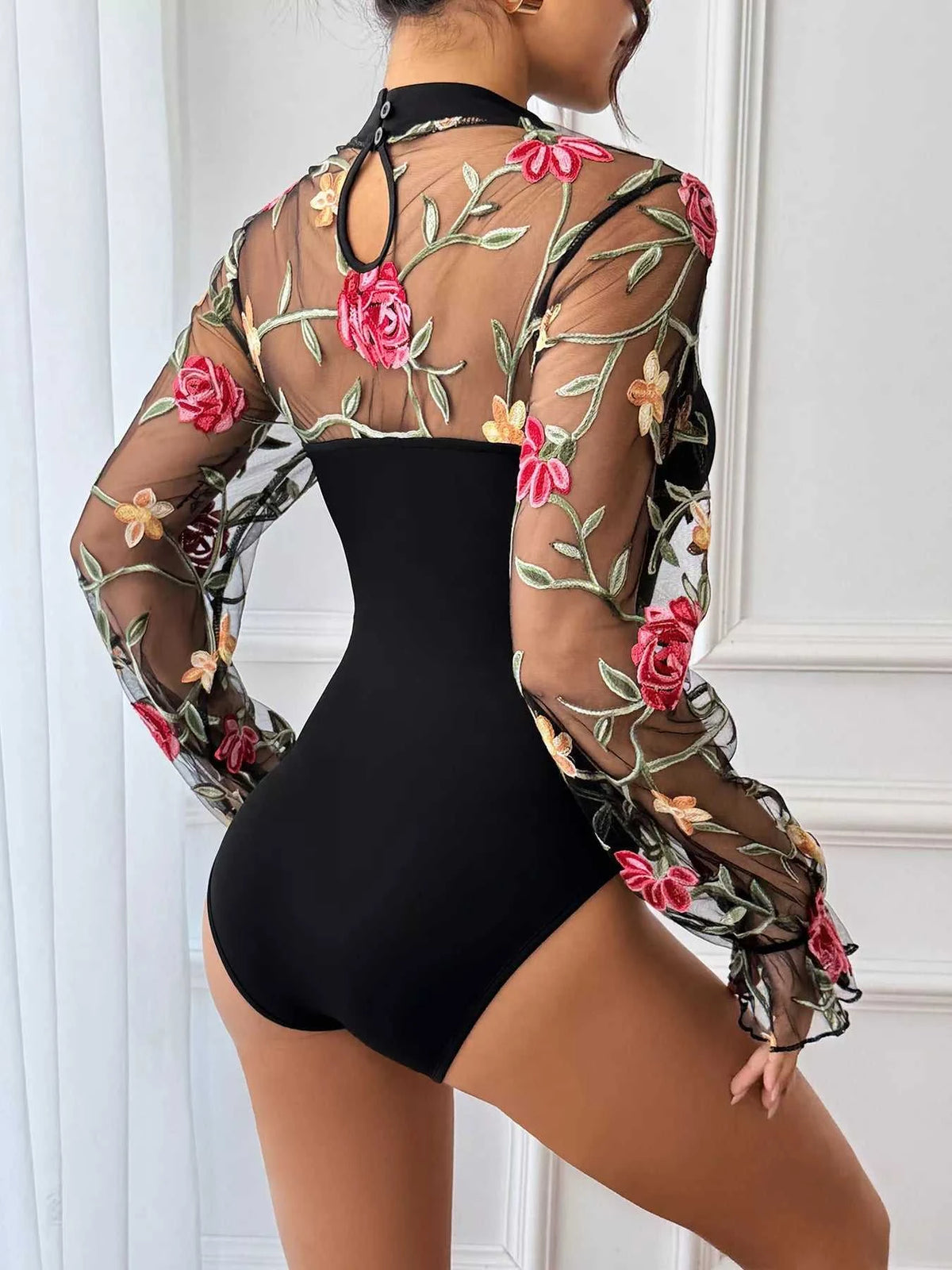 Floral Embroidered Mesh Long Sleeve Bodysuit 100100221400313 35 Affordable Fashion Under $100 Jerry's Apparel 