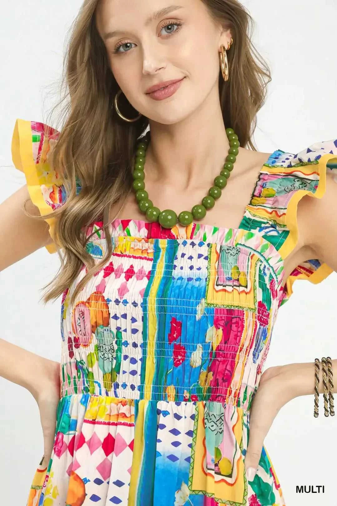 Umgee Abstract Print Smocked Ruffle Sleeve Tiered Midi Dress 100100818101442 66 Affordable Fashion Under $100 Jerry's Apparel 