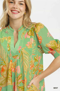 Umgee Botanical Print Dress with Smocked Cuffs 100100413401039 64 Affordable Fashion Under $100 Jerry's Apparel 