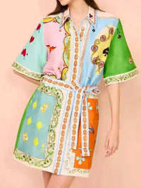 Printed Tie Waist Mini Shirt Dress