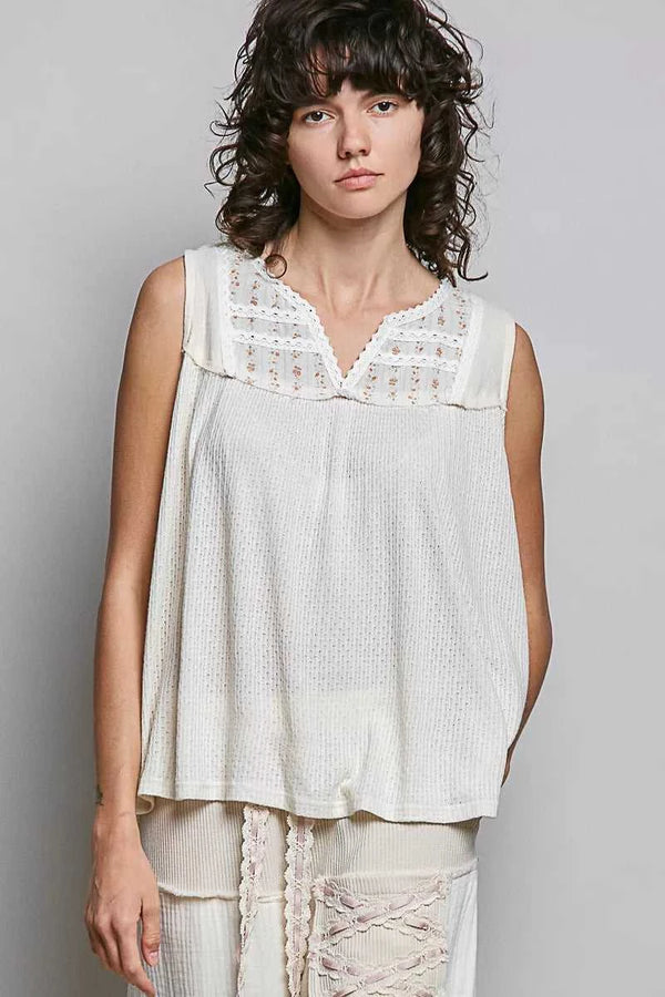 POL Lace Detail Floral Double Gauze Patch Sleeveless Top 100100847351879 57 Affordable Fashion Under $100 Jerry's Apparel 