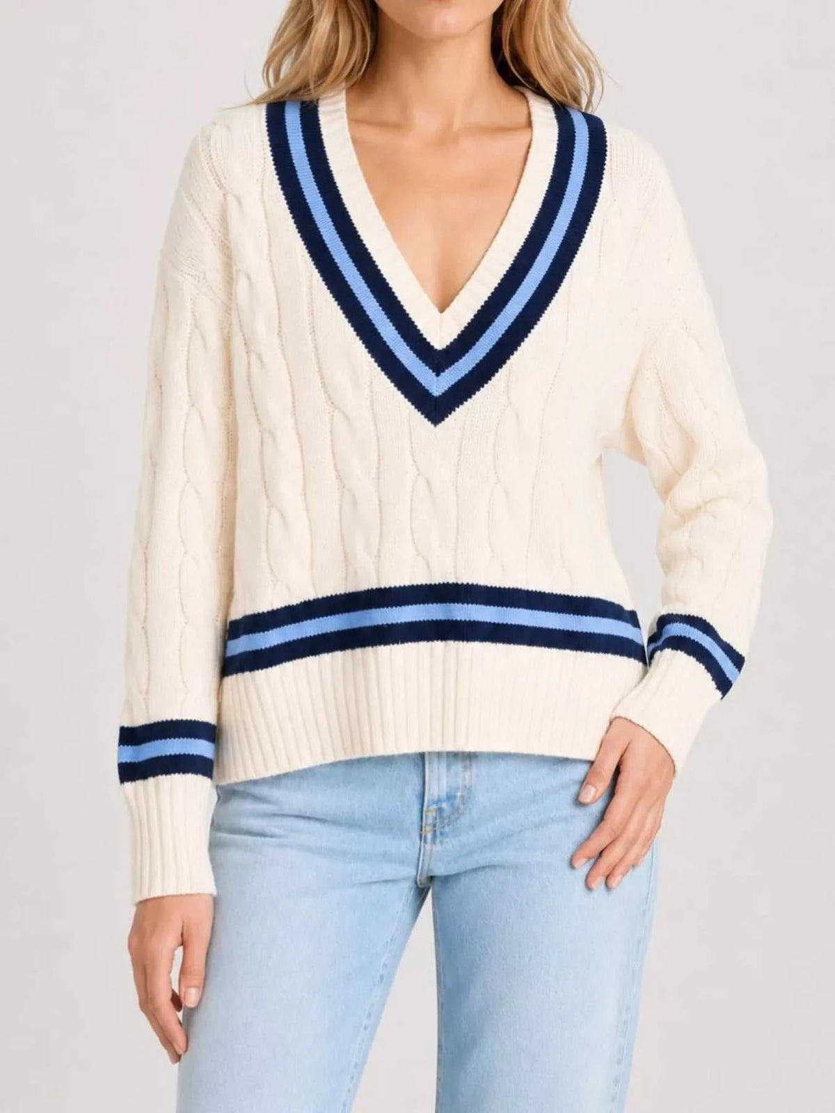 V-Neck Cable Knit Sweater with Contrast Striped Trim 101002074926280 41 Affordable Fashion Under $100 Jerry's Apparel 
