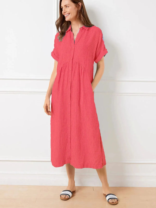 Full Size Striped Button-Front Midi Dress Plus Size