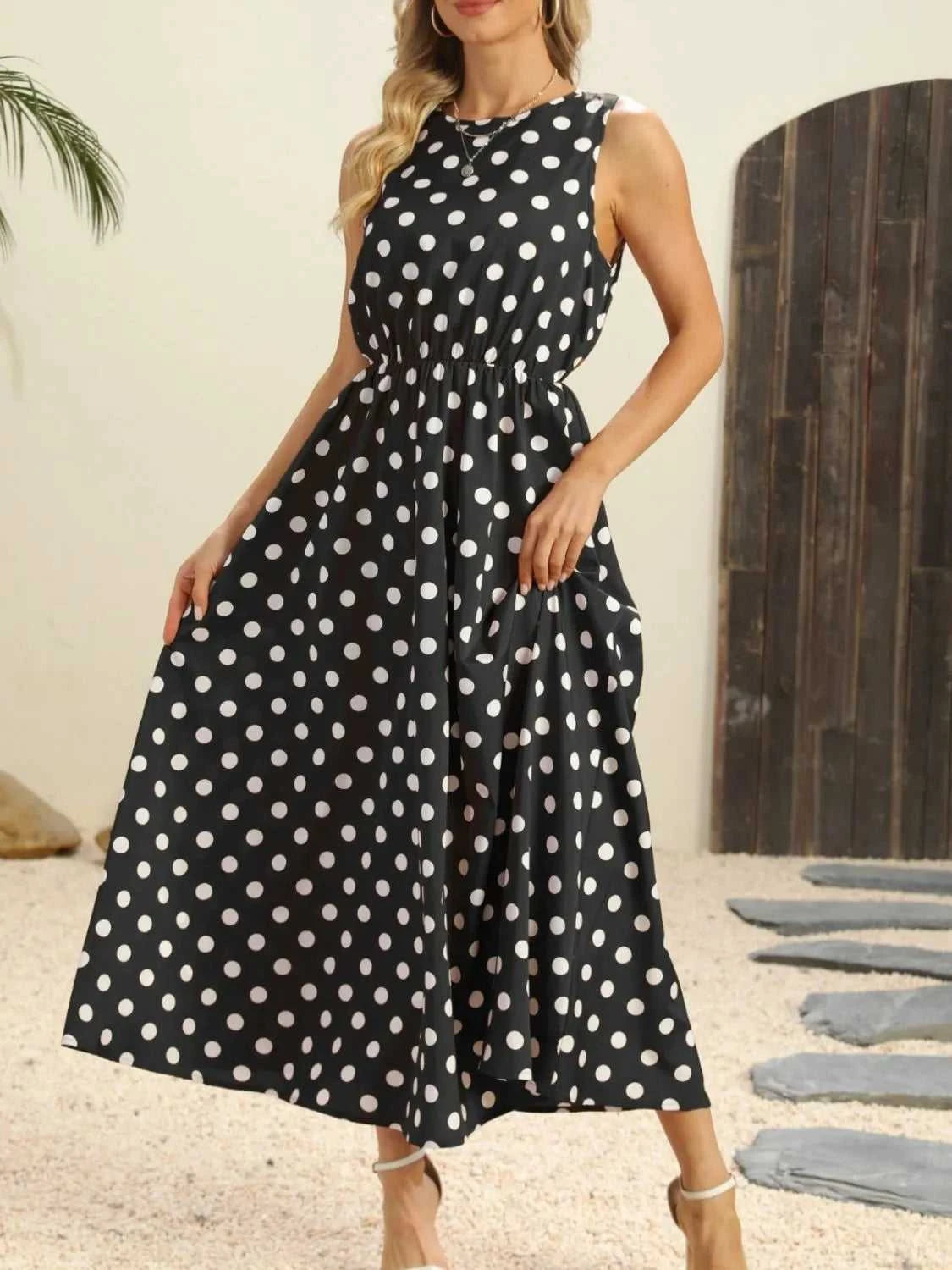 Polka Dot Round Neck Sleeveless Midi Dress 100100597597604 26 Affordable Fashion Under $100 Jerry's Apparel 
