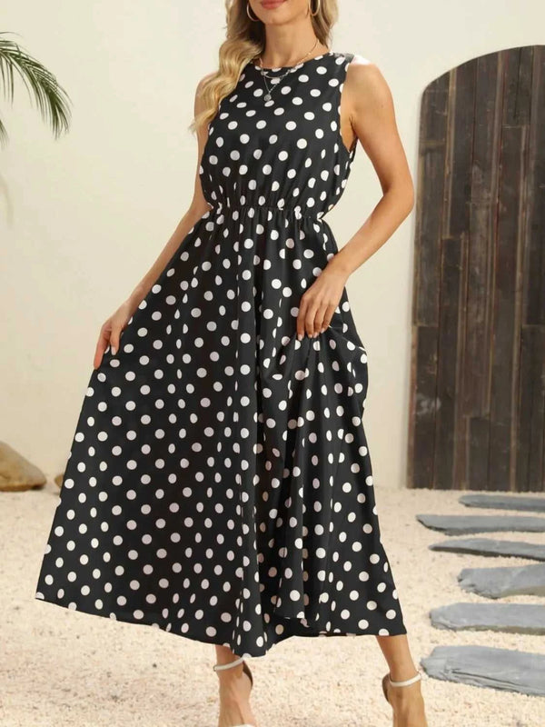 Polka Dot Round Neck Sleeveless Midi Dress 100100597597604 26 Affordable Fashion Under $100 Jerry's Apparel 
