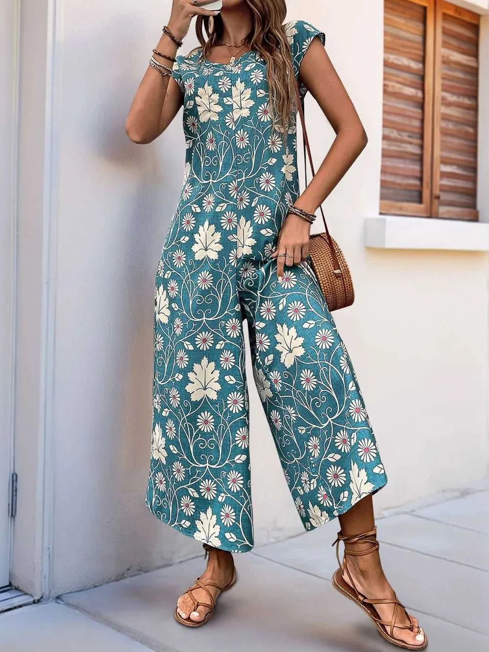 Perfee Printed Round Neck Cap Sleeve Wide Leg Jumpsuit 100100380311019 31 Affordable Fashion Under $100 Jerry's Apparel 