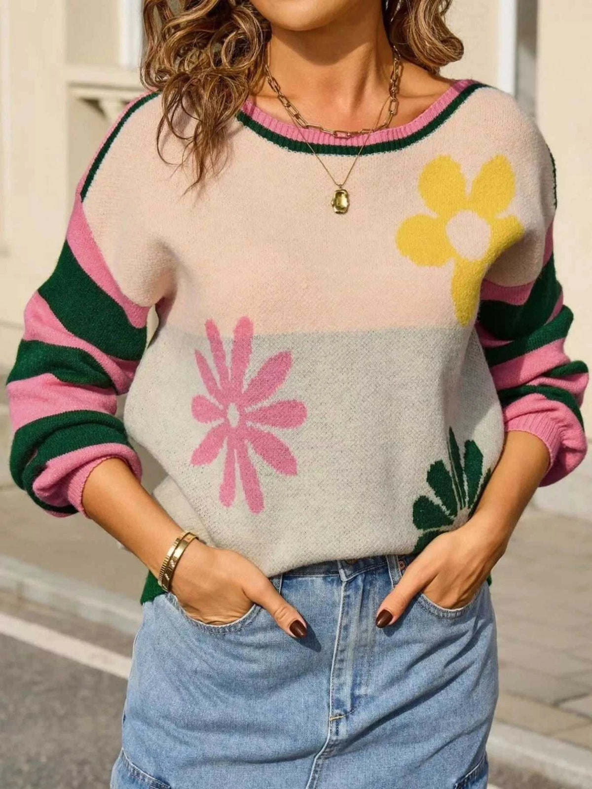 Floral Striped Sleeve Round Neck Sweater 100100273694398 49 Affordable Fashion Under $100 Jerry's Apparel 