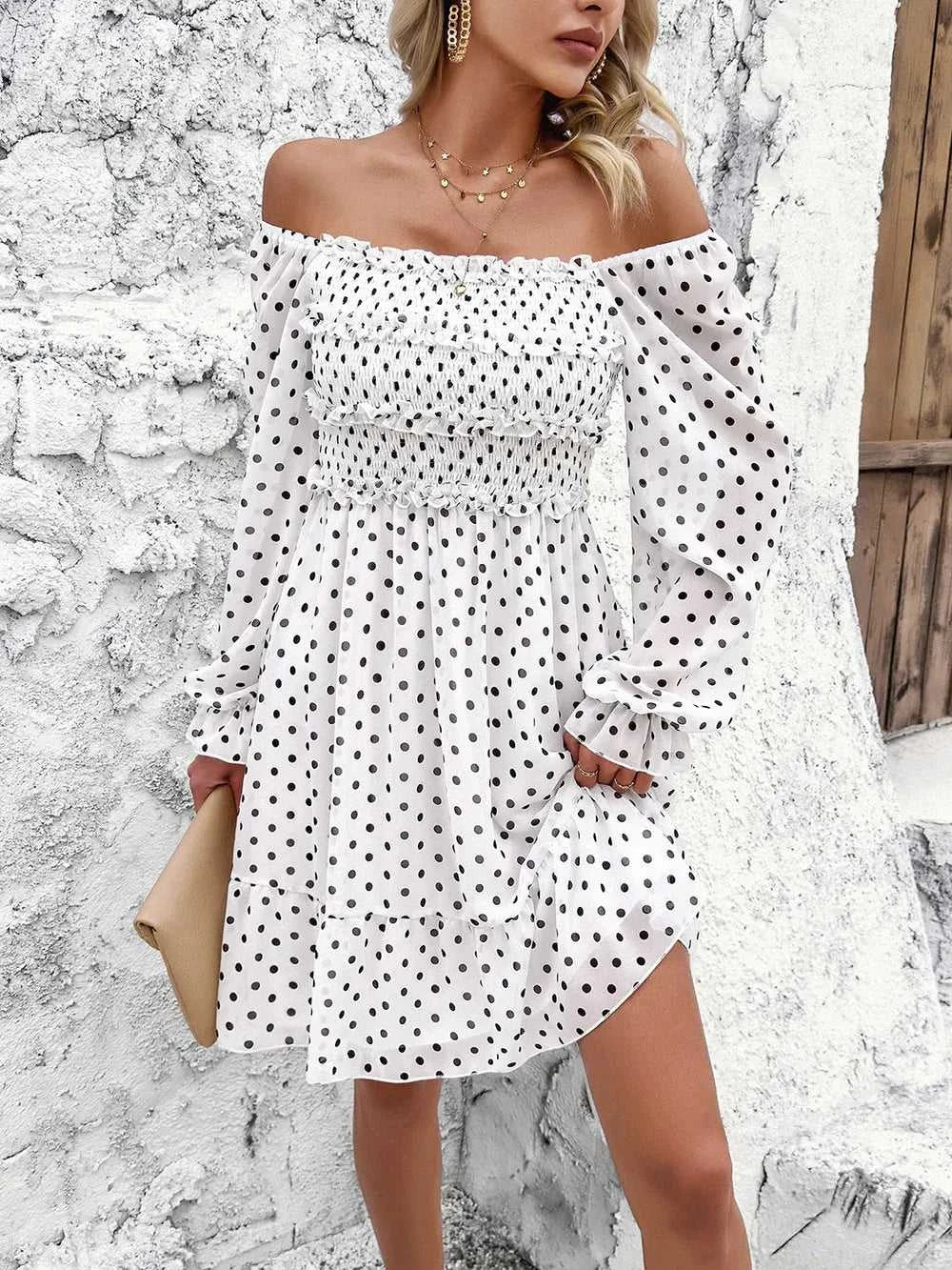 Devine Smocked Polka Dot Long Sleeve Dress 100100845229368 44 Affordable Fashion Under $100 Jerry's Apparel 